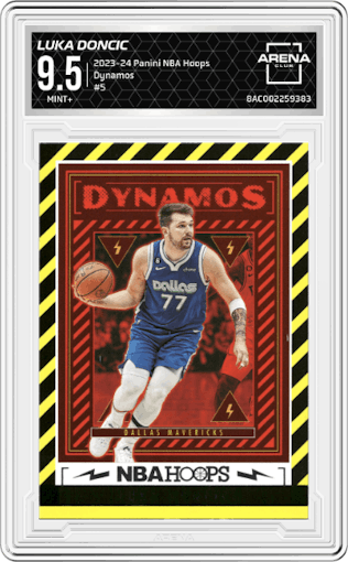 Luka Doncic from the 2023-24 Panini NBA Hoops set graded by Arena Club and given an overall grade of 9.5.