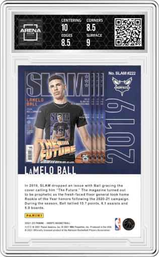 LaMelo Ball from the 2021-22 Panini NBA Hoops set graded by Arena Club and given an overall grade of 9.