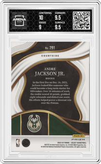 Andre Jackson Jr. from the 2023-24 Panini Select  set featuring a Red Cracked Ice parallel graded by Arena Club and given an overall grade of 9.5.