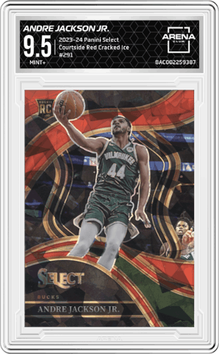 Andre Jackson Jr. from the 2023-24 Panini Select  set featuring a Red Cracked Ice parallel graded by Arena Club and given an overall grade of 9.5.