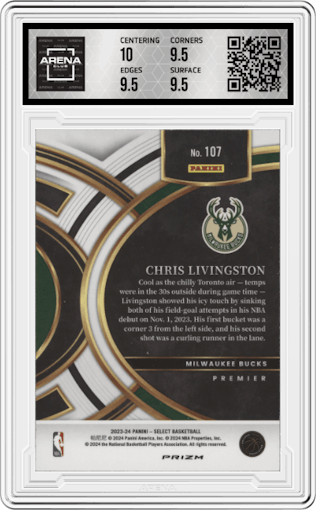 Chris Livingston from the 2023-24 Panini Select  set featuring a Red Cracked Ice parallel graded by Arena Club and given an overall grade of 10.