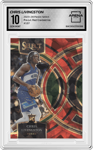 Chris Livingston from the 2023-24 Panini Select  set featuring a Red Cracked Ice parallel graded by Arena Club and given an overall grade of 10.
