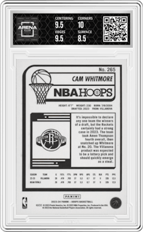 Cam Whitmore from the 2023-24 Panini NBA Hoops set featuring a Hyper Blue parallel graded by Arena Club and given an overall grade of 9.