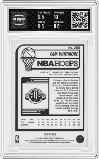 Cam Whitmore from the 2023-24 Panini NBA Hoops set featuring a Hyper Blue parallel graded by Arena Club and given an overall grade of 9.