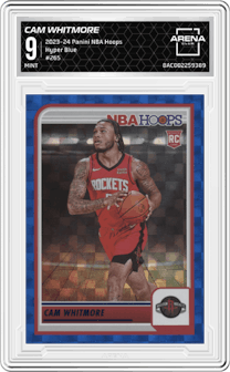 Cam Whitmore from the 2023-24 Panini NBA Hoops set featuring a Hyper Blue parallel graded by Arena Club and given an overall grade of 9.