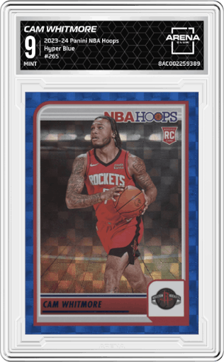 Cam Whitmore from the 2023-24 Panini NBA Hoops set featuring a Hyper Blue parallel graded by Arena Club and given an overall grade of 9.