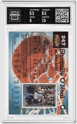 Shaquille O'Neal  from the 1992-93 Topps Stadium Club set graded by Arena Club and given an overall grade of 8.