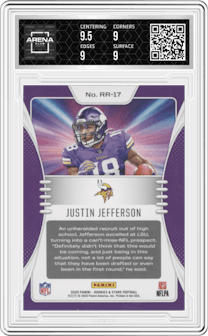 Justin Jefferson from the 2020 Panini Rookies & Stars set featuring a Red parallel graded by Arena Club and given an overall grade of 9.