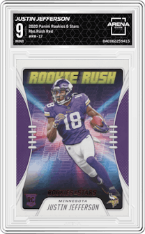 Justin Jefferson from the 2020 Panini Rookies & Stars set featuring a Red parallel graded by Arena Club and given an overall grade of 9.