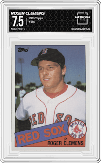 Roger Clemens from the 1985 Topps set graded by Arena Club and given an overall grade of 7.5.