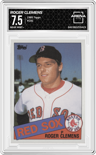 Roger Clemens from the 1985 Topps set graded by Arena Club and given an overall grade of 7.5.