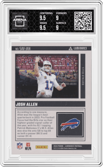 Josh Allen from the 2024 Panini Luminance set featuring a Blue parallel graded by Arena Club and given an overall grade of 9.5.