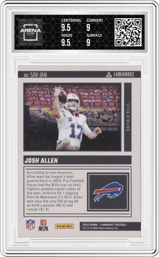 Josh Allen from the 2024 Panini Luminance set featuring a Blue parallel graded by Arena Club and given an overall grade of 9.5.