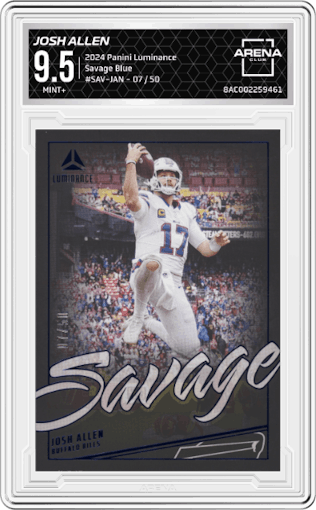 Josh Allen from the 2024 Panini Luminance set featuring a Blue parallel graded by Arena Club and given an overall grade of 9.5.