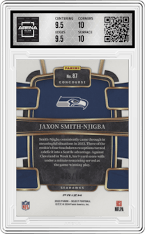 Jaxon Smith-Njigba from the 2023 Panini Select set featuring a  Blue Prizm parallel graded by Arena Club and given an overall grade of 10.