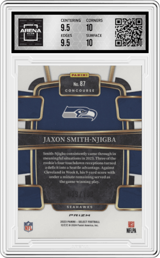 Jaxon Smith-Njigba from the 2023 Panini Select set featuring a  Blue Prizm parallel graded by Arena Club and given an overall grade of 10.