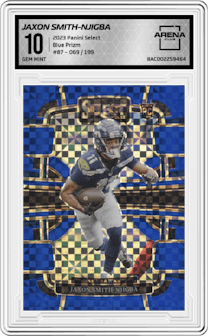Jaxon Smith-Njigba from the 2023 Panini Select set featuring a  Blue Prizm parallel graded by Arena Club and given an overall grade of 10.