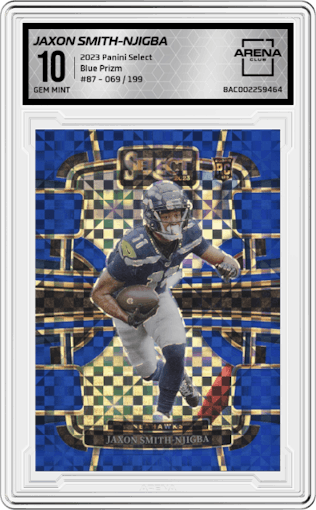 Jaxon Smith-Njigba from the 2023 Panini Select set featuring a  Blue Prizm parallel graded by Arena Club and given an overall grade of 10.