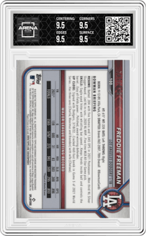 Freddie Freeman from the 2022 Bowman Chrome set featuring a Fuchsia Refractor parallel graded by Arena Club and given an overall grade of 9.5.