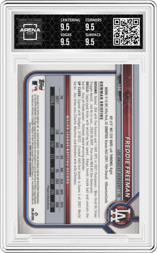 Freddie Freeman from the 2022 Bowman Chrome set featuring a Fuchsia Refractor parallel graded by Arena Club and given an overall grade of 9.5.