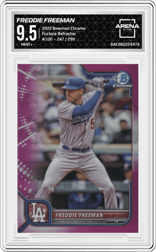 Freddie Freeman from the 2022 Bowman Chrome set featuring a Fuchsia Refractor parallel graded by Arena Club and given an overall grade of 9.5.