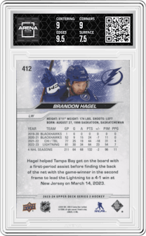 Brandon Hagel from the 2023-24 Upper Deck Series 2 set graded by Arena Club and given an overall grade of 8.