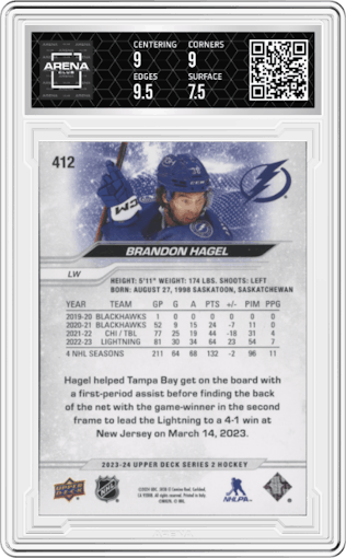 Brandon Hagel from the 2023-24 Upper Deck Series 2 set graded by Arena Club and given an overall grade of 8.