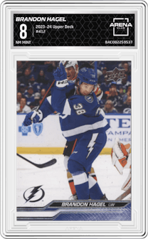Brandon Hagel from the 2023-24 Upper Deck Series 2 set graded by Arena Club and given an overall grade of 8.