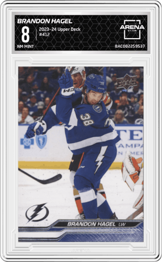Brandon Hagel from the 2023-24 Upper Deck Series 2 set graded by Arena Club and given an overall grade of 8.