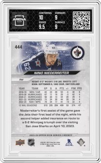 Nino Niederreiter from the 2023-24 Upper Deck Series 2 set graded by Arena Club and given an overall grade of 9.5.