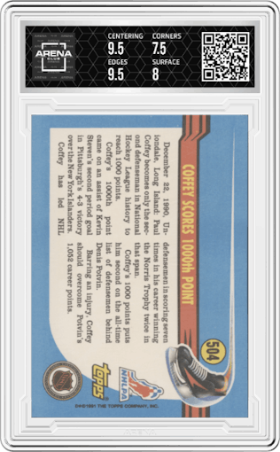  Paul Coffey from the 1991-92 O-Pee-Chee set graded by Arena Club and given an overall grade of 8.