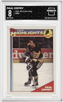  Paul Coffey from the 1991-92 O-Pee-Chee set graded by Arena Club and given an overall grade of 8.