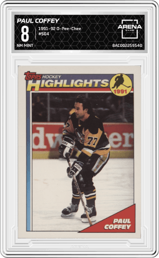  Paul Coffey from the 1991-92 O-Pee-Chee set graded by Arena Club and given an overall grade of 8.