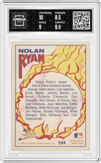 Nolan Ryan from the 1992 Pacific Nolan Ryan Texas Express II set graded by Arena Club and given an overall grade of 9.