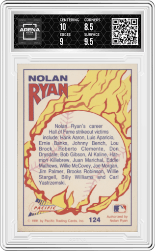 Nolan Ryan from the 1992 Pacific Nolan Ryan Texas Express II set graded by Arena Club and given an overall grade of 9.