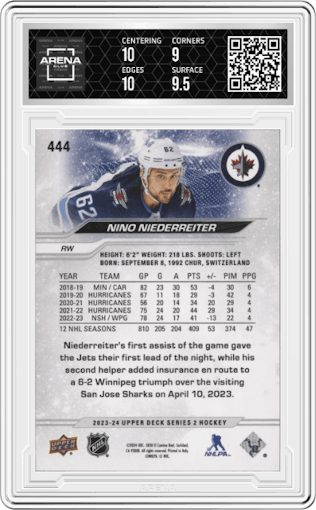 Nino Niederreiter from the 2023-24 Upper Deck Series 2 set graded by Arena Club and given an overall grade of 9.5.