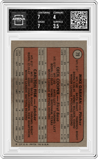 Mike Garman/Cecil Cooper/Carlton Fisk from the 1972 Topps set graded by Arena Club and given an overall grade of 4.