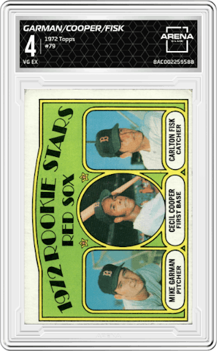 Mike Garman/Cecil Cooper/Carlton Fisk from the 1972 Topps set graded by Arena Club and given an overall grade of 4.