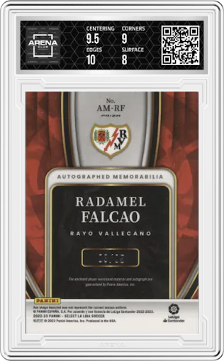 Radamel Falcao from the 2022-23 Panini Select La Liga set featuring a Tie-Dye parallel graded by Arena Club and given an overall grade of 8.5.