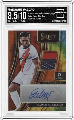 Radamel Falcao from the 2022-23 Panini Select La Liga set featuring a Tie-Dye parallel graded by Arena Club and given an overall grade of 8.5.