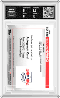 Hee-chan Hwang from the 2020-21 Topps Chrome Bundesliga set graded by Arena Club and given an overall grade of 8.5.