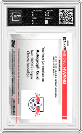 Hee-chan Hwang from the 2020-21 Topps Chrome Bundesliga set graded by Arena Club and given an overall grade of 8.5.