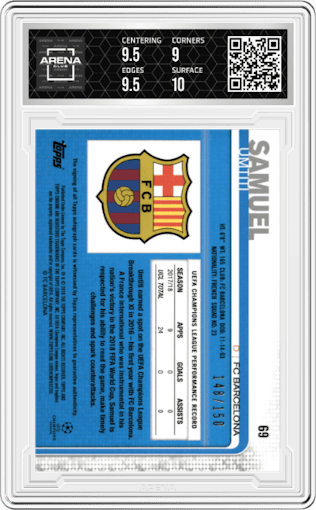 Samuel Umtiti from the 2018-19 Topps Chrome UEFA Champions League set featuring a Blue Refractor  parallel graded by Arena Club and given an overall grade of 9.5.