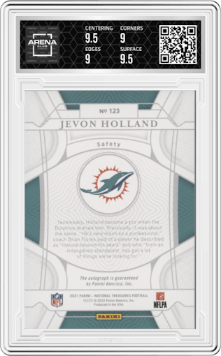 Jevon Holland from the 2021 Panini National Treasures set featuring a Gold parallel graded by Arena Club and given an overall grade of 9.5.