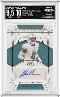 Jevon Holland from the 2021 Panini National Treasures set featuring a Gold parallel graded by Arena Club and given an overall grade of 9.5.