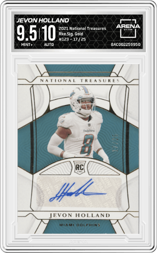 Jevon Holland from the 2021 Panini National Treasures set featuring a Gold parallel graded by Arena Club and given an overall grade of 9.5.