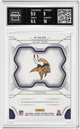 Alan Page from the 2022 Panini National Treasures set featuring a Holo Silver parallel graded by Arena Club and given an overall grade of 9.5.