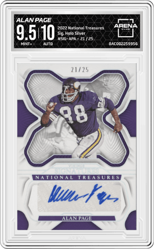Alan Page from the 2022 Panini National Treasures set featuring a Holo Silver parallel graded by Arena Club and given an overall grade of 9.5.