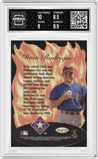 Ivan Rodriguez from the 1997 Flair Showcase set graded by Arena Club and given an overall grade of 8.5.