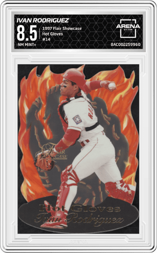 Ivan Rodriguez from the 1997 Flair Showcase set graded by Arena Club and given an overall grade of 8.5.